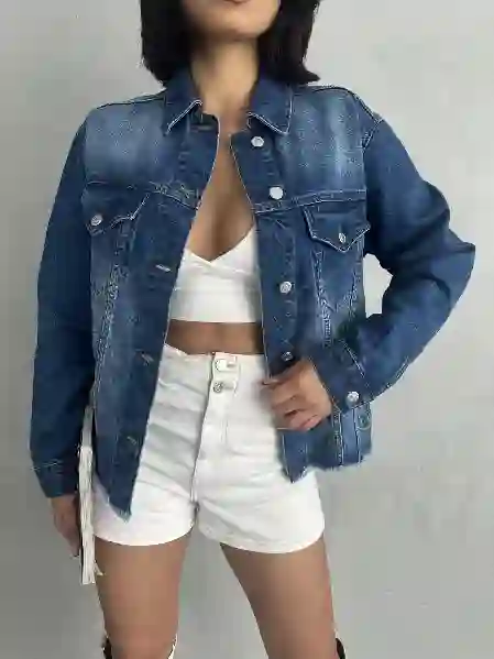 Resim Püsgüllü Cep Detaylı Kadın Jean Ceket