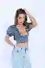 Resim Mavi Balon Kol Arkadan Bağcıklı Denim Büstiyer