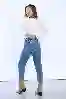 Resim Mavi Yüksek Bel Belden Lastik ve Lazer Detaylı Mom Jeans