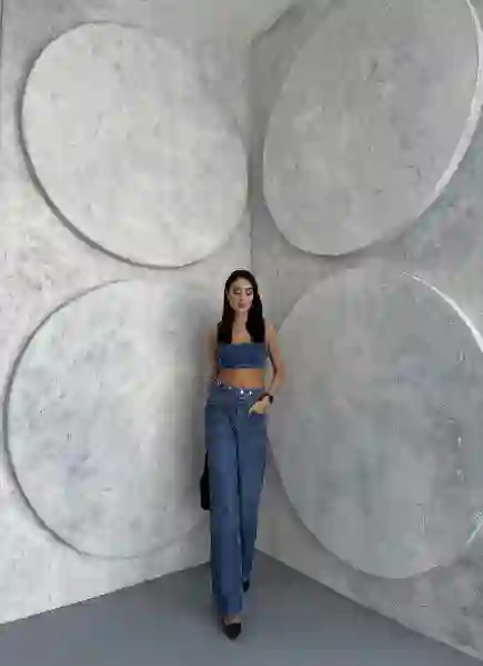 Resim Mavi Wide Leg kemer Düğmelı Ön Cepler Jeans Pantolon