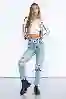 Resim Açık Mavi Yüksek Bel Lazer Detaylı Mom Jeans