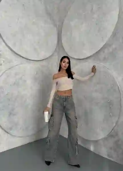 Resim Vintage Açik Mavi Wide Leg Kargo Jeans Pantolon