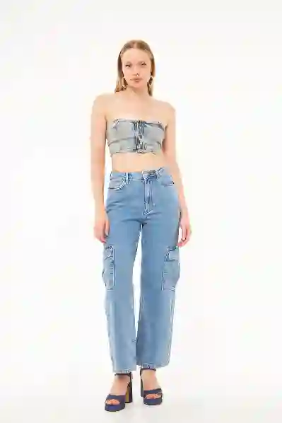 Resim Bol Kesim Kadın Denim Kargo Pantolon