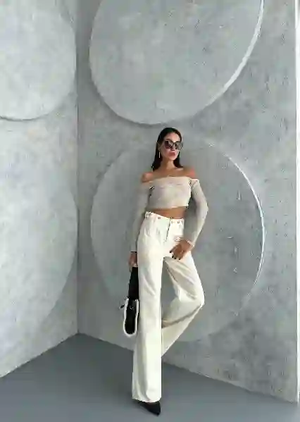 Resim Ekru Wide Leg kemer Düğmelı Ön Cepler Jeans Pantolon