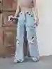 Resim Açik Mavi Wide Leg Kalıp Lazerli Denim Pantolon