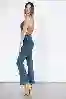 Resim Mavi Boyundan Askılı Flare Paça Denim Tulum