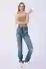 Resim Stragıht Kalıp Yan Cep Fermuarlı Dikiş Detaylı Kemer Baskılı Denim Pantolon