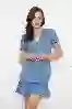 Resim V Yaka Kol Lastıklı Denim Elbise