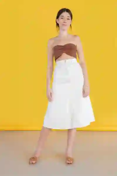 Resim Ekru Yüksek Bel Ön Yırtmaç Detaylı Midi Boy Kot Etek