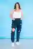 Resim Büyük Beden Lacivert Yüksek Bel Diz Lazer Detay Mom Jeans