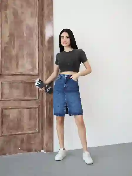 Resim Koyu Mavi Yırtmaçlı Kot Etek