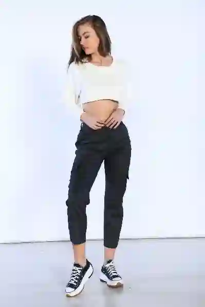 Resim Siyah Yüksek Bel Kaplamalı Wide Leg Pantolon