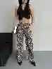 Resim Leopar Desen Detaylı Wide Leg Gabardin Panatolon