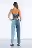 Resim Mavi Yüksek Bel Çift Renk Detaylı Mom Jeans