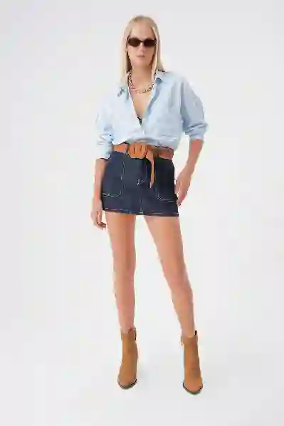 Resim Koyu Mavi Cep Detayli Mini Denim Etek