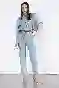 Resim Açık Mavi Balon Kol Ön Düğme Dikiş Detaylı Denim Tulum