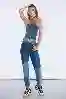 Resim Lacivert Yüksek Bel Yama Detaylı Mom Jeans