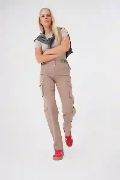 Resim Açık Kahve Kargo Cep Yuksek Bel Straight Jean