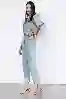 Resim Açık Mavi Balon Kol Ön Düğme Dikiş Detaylı Denim Tulum