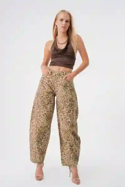 Resim Çok Renki Leopar Desenli  Yuksek Bel Balon Fit Jean