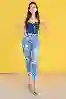 Resim Mavi Yüksek Bel Lazer Detaylı Mom Jeans