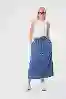 Resim İndigo Beli Lastikli  Yırtmaçlı Midi Denim Etek
