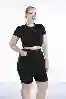 Resim Büyük Beden Siyah Yüksek Bel Lazer Detaylı Bermuda Kot Şort