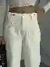 Resim Ekru Wide Leg kemer Düğmelı Ön Cepler Jeans Pantolon