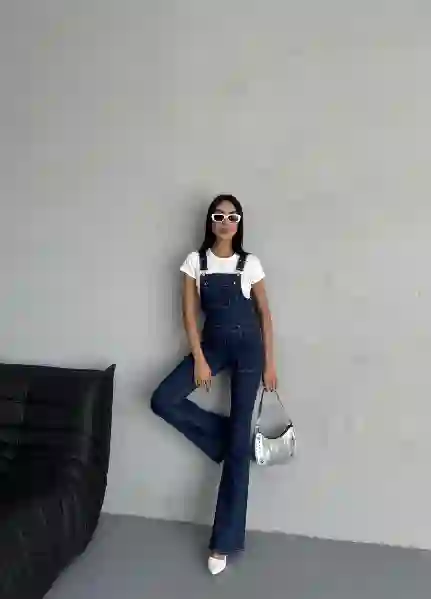 Resim Lacivert Seloped Flare Denim Tulum