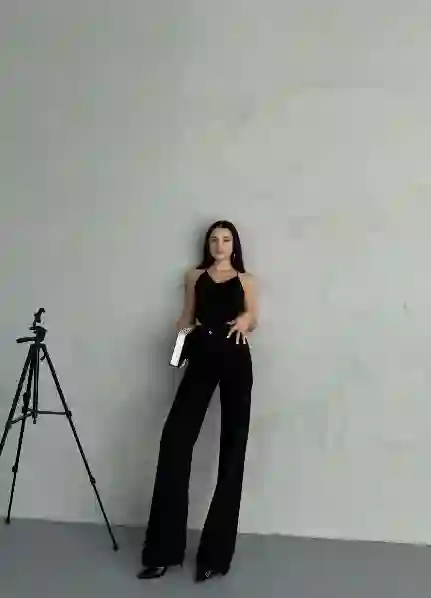 Resim Çarpraz Kemerli Yuksel Bel Wide Leg Jean