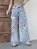 Resim Açik Mavi Wide Leg Kalıp Lazerli Denim Pantolon