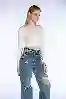 Resim Mavi Yüksek Bel Diz Lazer Detaylı Mom Jeans