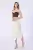 Resim Ekru Yüksel Bel Midi Boy Kloş Keten Etek