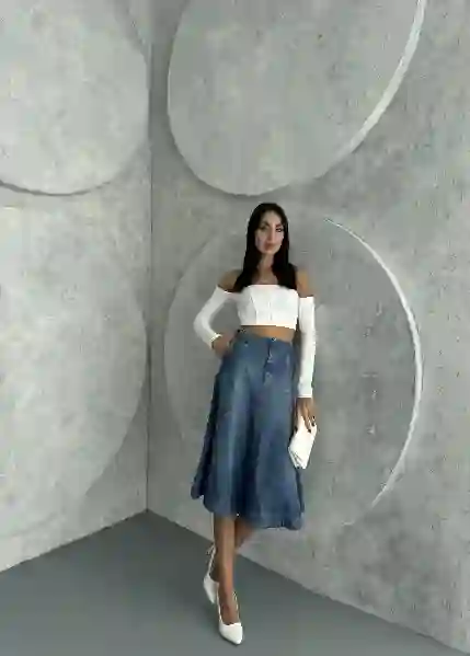 Resim Midi Boyi Denim Etek