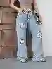 Resim Açik Mavi Wide Leg Kalıp Lazerli Denim Pantolon
