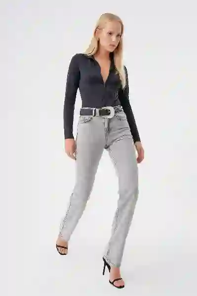 Resim Gri Yuksek Bel Slim Straight Jean