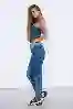 Resim Lacivert Yüksek Bel Yama Detaylı Mom Jeans