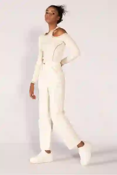 Resim Ekru Yüksek Bel Kargo Pantolon