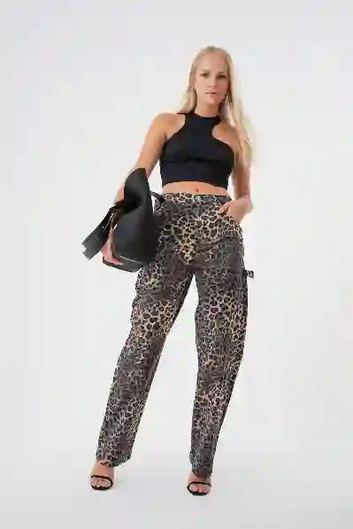 Resim Çok Renkli Leopar Desenli Carpenter Detayli Wide Leg Jean