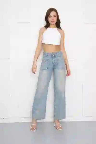 Resim Wide Leg kemer Düğmelı Ön Cepler Jeans Pantolon