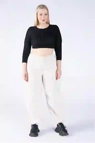 Resim Büyük Beden Krem Stoperli Kargo Paraşüt Pantolon