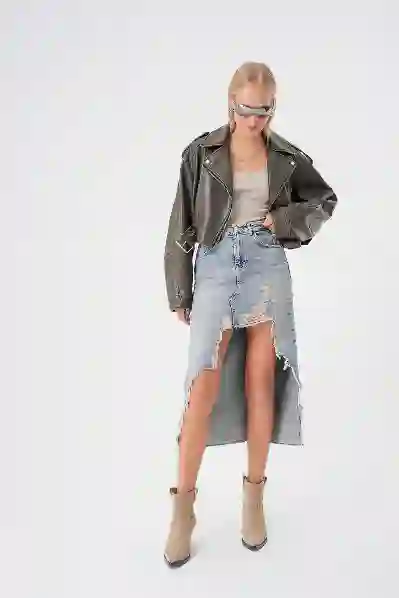 Resim Midi Yırtmaç Detaylı Denim Etek