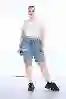 Resim Büyük Beden Mavi Yüksek Bel Lazer Detaylı bermuda Kot Şort